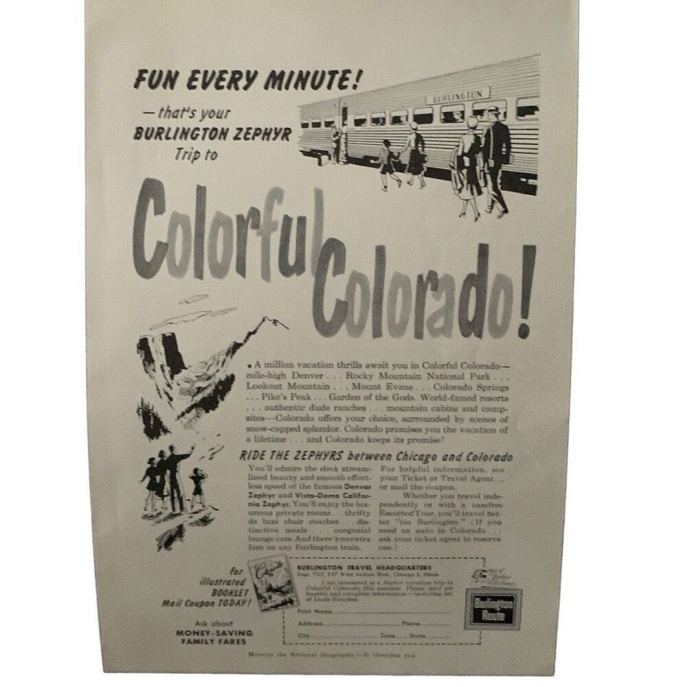 Vintage 1955 Burlington Route Colorful Colorado Ad Advertisement